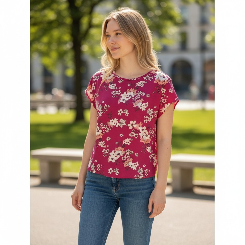 Pink Rose Floral V-Neck Blouse Burgundy Magenta Short Sleeve Strappy Back Size M